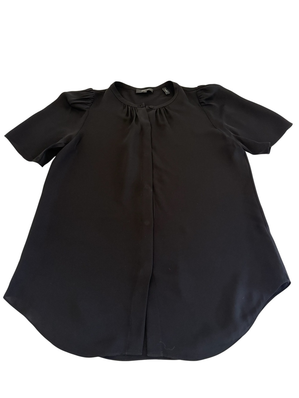 Theory Black Short-Sleeve silk Blouse with Subtle Front Pleat